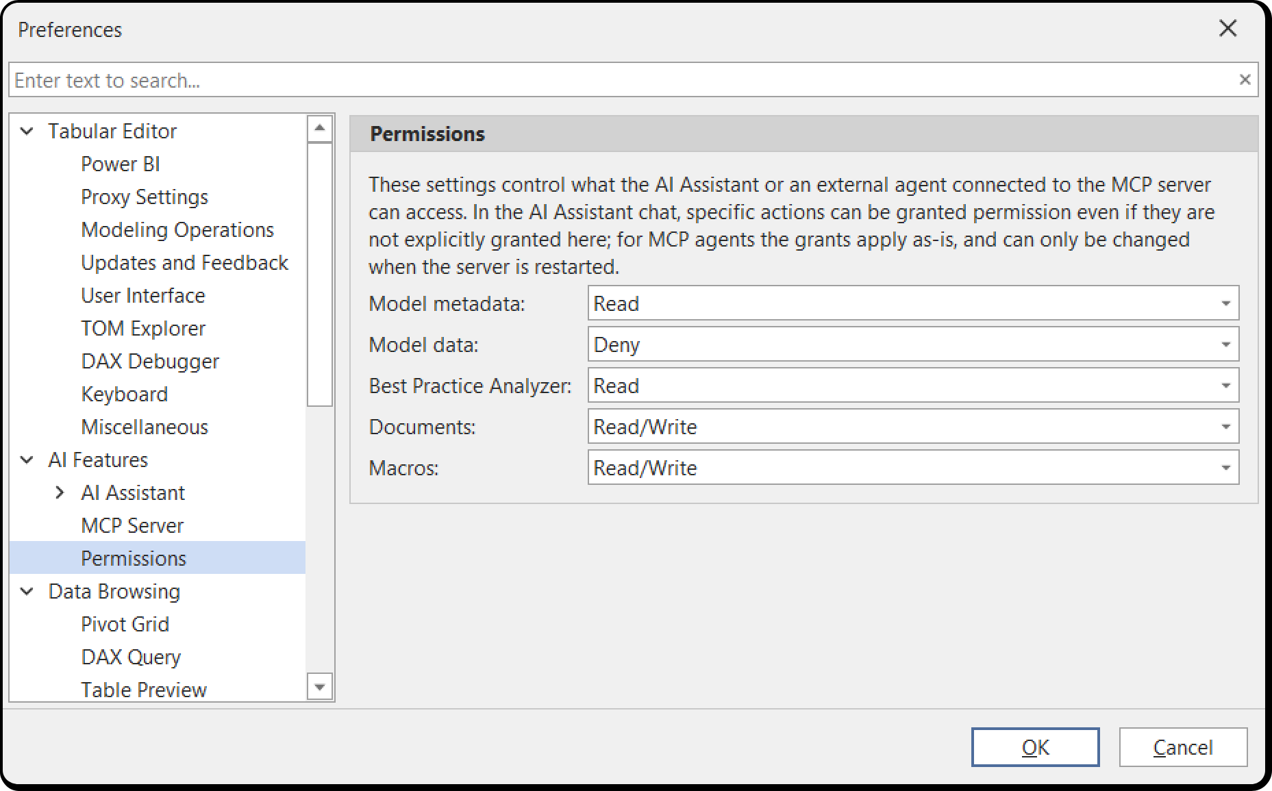 AI Features > Permissions preferences, one dropdown per resource at its default